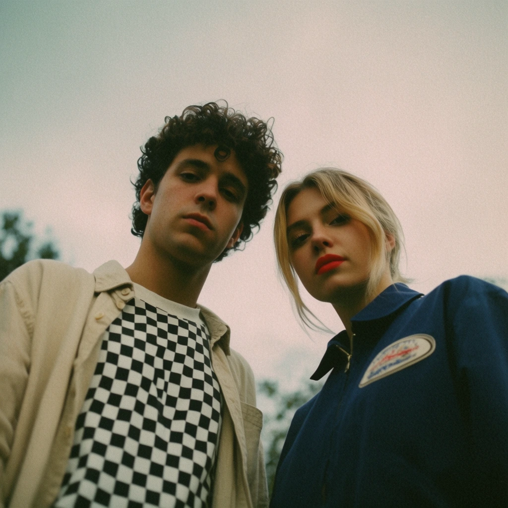 A low-angle portrait of a young man and woman looking directly down at the camera against a pale overcast sky. The man on the left features dark curly hair, a light beige unbuttoned overshirt, and a white t-shirt with a black-and-white checkerboard pattern. Beside him, the woman has blonde hair with loose face-framing strands, bright red lipstick, and a navy blue collared zip-up jacket with an oval embroidered chest patch. Both maintain relaxed, stoic expressions. Blurred dark green foliage appears faintly at the bottom corners. Shot from an extreme low vantage point, the composition emphasizes a vintage film photography aesthetic characterized by noticeable film grain, soft diffuse natural lighting, muted color tones, and a cinematic, moody atmosphere.