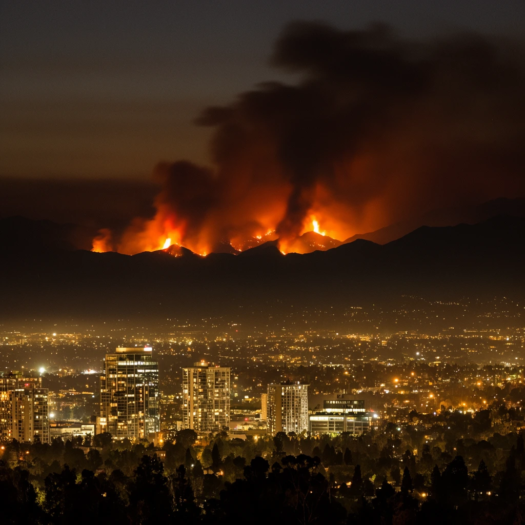Nighttime cityscape dominated by distant mountain wildfires, dense grid of glowing yellow city lights, illuminated high-rise buildings, dark tree silhouettes in the valley, stark black mountain ridgeline, bright orange flames erupting from the peaks, thick dark smoke plumes billowing upward underlit by a fiery glow, hazy dark night sky, high contrast landscape photography