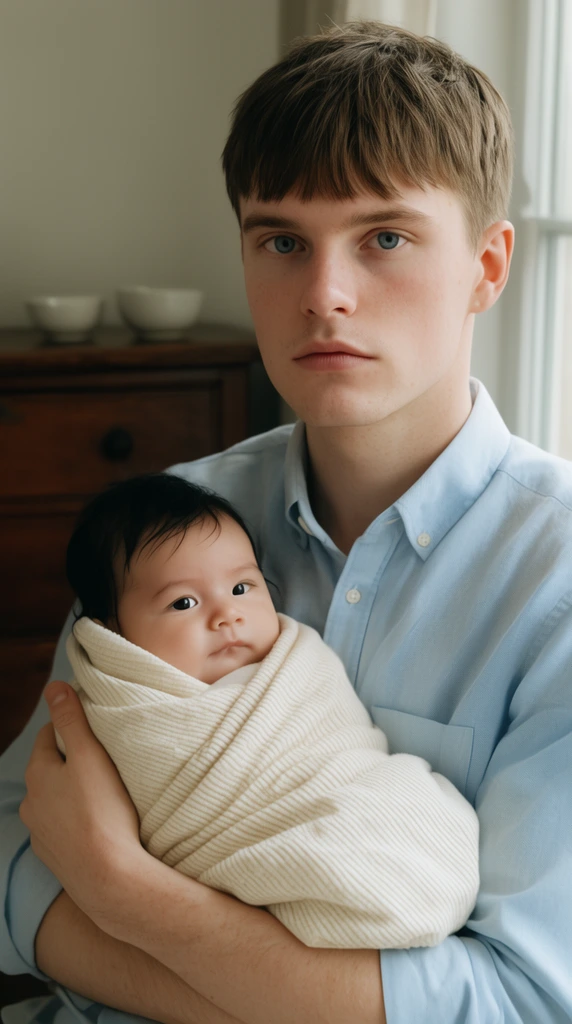 A close-up portrait of a fair-skinned young man with short brown bangs and blue eyes holding an infant to his chest. He wears a light blue button-down shirt and looks forward neutrally. The baby has dark hair and rests securely wrapped in a ribbed cream swaddle blanket. Soft natural daylight from a right-side window illuminates them against a softly blurred background featuring a dark wooden dresser and two small white bowls.