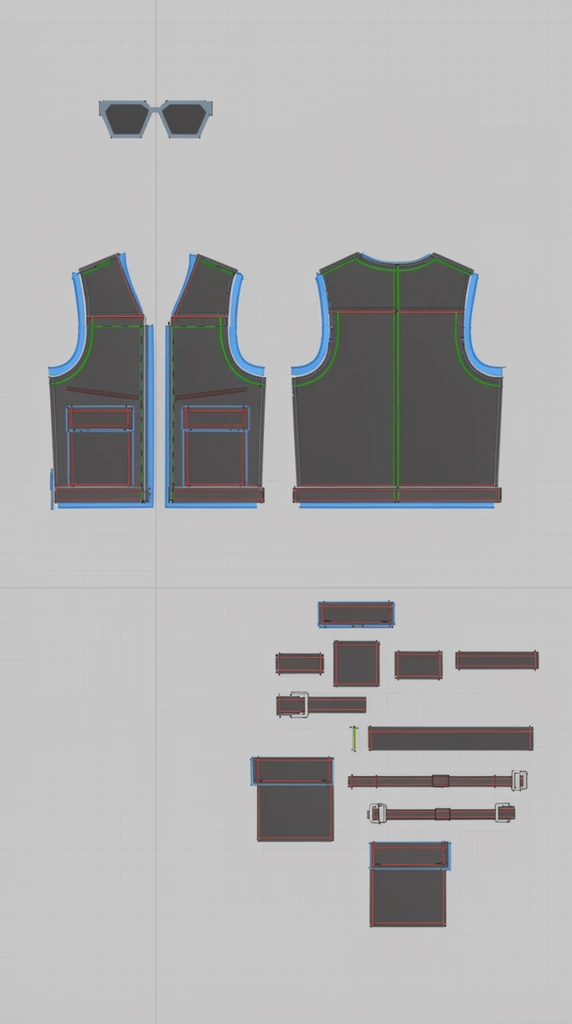 Flat, unassembled pattern pieces of a dark grey utility vest arranged systematically on a light grey grid background within a technical 2D digital workspace. The main front and back body panels feature bright blue highlighted borders, alongside precise red and green internal lines denoting sewing seams and darts. Smaller rectangular components for pockets, flaps, and straps align in neat rows at the bottom right, while a geometric sunglasses pattern rests near the top. The flat orthographic projection emphasizes precise geometric layout and modular garment construction characteristic of CAD drafting interfaces.