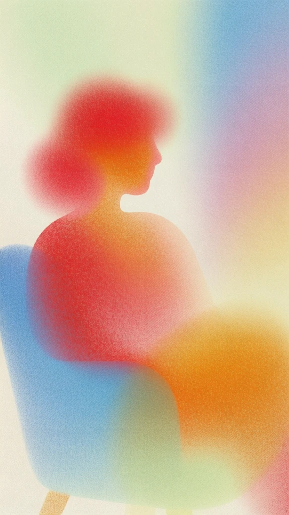 woman sitting in an armchair facing right indoors rendered as highly abstracted soft-focus forms, heavy stippled noise and film grain, tactile paper texture, ethereal gaussian blur, glowing organic orbs of saturated vermilion and goldenrod, minimalist high-key pastel background, diffused chromatic gradients, no hard edges, risograph-inspired stippling, ethereal atmosphere, simplified geometric volumes bleeding into one another with high-signal color saturation and soft-edge transitions.