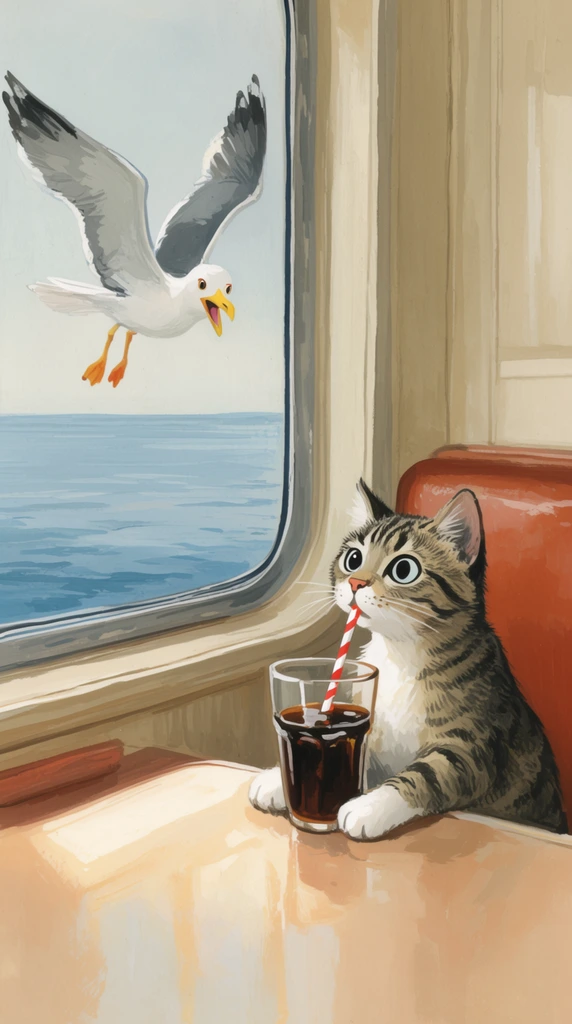 A wide-eyed tabby cat sits in a rust-orange vinyl booth sipping a dark beverage through a striped straw while watching a flying seagull outside a large window. The small feline rests its white paws on a clear glass of dark liquid, drinking from a red-and-white straw. Outside the glass pane, a seagull with a yellow beak and orange feet flies downward over calm blue water, peering back at the cat with an open beak. The interior features beige paneled walls and a glossy table surface catching soft, warm sunlight. Rendered in a whimsical traditional gouache illustration style with soft brushstrokes, the muted coastal color palette beautifully contrasts the cool ocean blues against the warm creams and rust tones of the cozy cabin interior.