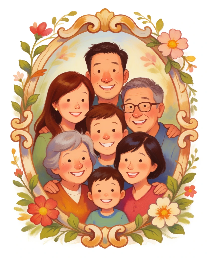 A warm, whimsical family portrait shows six smiling relatives packed closely together inside an ornate floral frame, rendered like a hand-painted keepsake illustration from a storybook or greeting card. watercolor illustration, gouache-like softness, children’s book portrait, whimsical family art, vintage heirloom aesthetic, hand-drawn linework, textured paper background, delicate botanical ornament, cozy, affectionate, nostalgic, gentle, polished, moderately detailed, Beatrix Potter-adjacent, Mary Blair-adjacent, contemporary storybook style, muted earth tones, dusty teal, sage green, cream, ochre yellow, terracotta, soft coral, warm brown, pale gray, low contrast, soft exposure, no harsh shadows, diffuse lighting, no visible camera settings because it is not a photograph, subtle watercolor blooms, paper grain, lightly inked contours. In the center is a vertical oval-like portrait area bordered by curling golden-beige wood or ribbon-like trim and surrounded by leaves, vines, and flowers. At the top left inside the frame stands an elderly man with pale skin, fluffy swept-back gray hair, thick dark rectangular glasses, and a gentle smile; he wears a light collared shirt and looks forward. At the top right is a tall young man with fair skin, tousled medium-brown hair, large round glasses, rosy cheeks, and a long face, smiling softly in a dark jacket over a rust-colored shirt. Between them, slightly lower in the middle, is a young girl with light skin and honey-blonde hair falling to her shoulders; she wears a mustard-yellow top with a white collar and smiles directly outward. In the lower left is an adult woman with fair skin and chestnut-brown shoulder-length hair, wearing a dusty blue sweater and a calm smile. In the lower right is another adult woman with fair skin and wavy blonde hair, wearing a red-orange striped top and smiling. Centered at the bottom, in front of the two women, is a small boy with light skin, short brown hair, flushed cheeks, and a broad grin, wearing a blue shirt. Around them, decorative flowers in muted coral and peach bloom on both sides, with blue-green leaves and curling tendrils filling the margins. Small tilted picture frames nestle into the foliage: one near the upper center, one left-middle, one right-middle, and another partly tucked on the left. A blank scroll banner curves across the bottom center, ready for a family name or message.