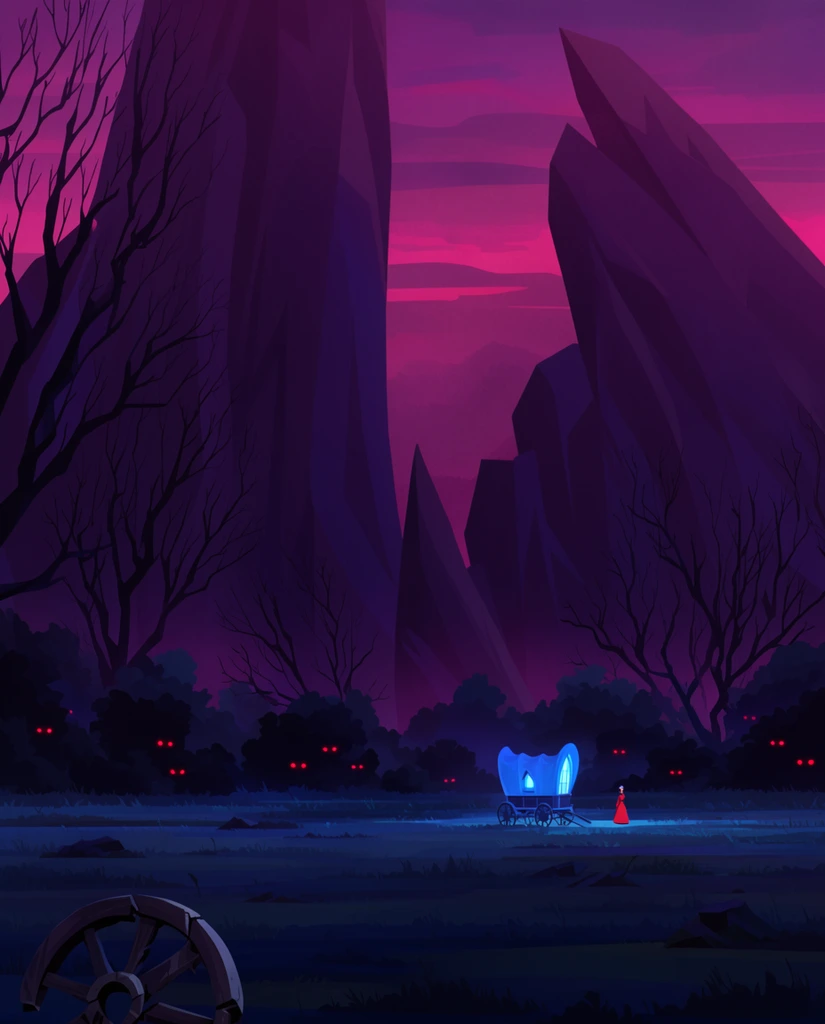 atmospheric twilight landscape, towering jagged purple rocks, magenta sky, silhouetted bare trees, glowing red eyes in bushes, broken wheel foreground, small glowing blue wagon, tiny figure in red dress, cinematic 2D digital illustration
