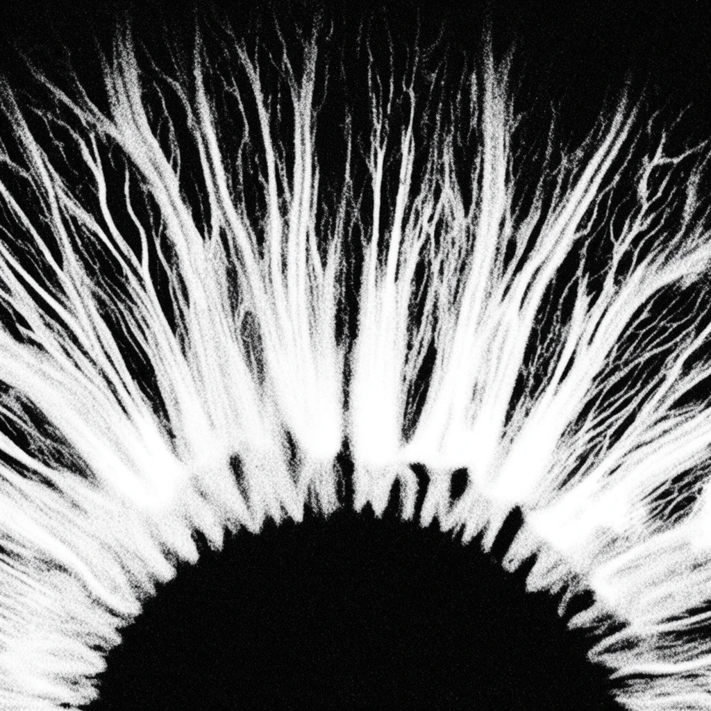 An extreme macro, high-contrast monochrome rendering of a human iris. A jagged, inky black pupil anchors the lower center, surrounded by intensely bright white, fibrous striations that radiate upward and outward. These luminous, vein-like textures streak across a stark black background. The heavily grainy, photocopy-style aesthetic transforms the biological eye structure into an abstract, dramatic composition resembling an explosive cosmic flare.