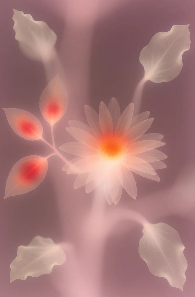 An ethereal, soft-focus image features a translucent, glowing flower at the center surrounded by floating, leaf-like shapes against a muted mauve background. The central flower consists of numerous pointed, pale petals that radiate from a brilliant orange and yellow core, emitting a soft light. To the left, three almond-shaped leaves are attached to a thin, faint stem, each displaying a vibrant reddish-orange glow within its center. Around the periphery of the frame, four additional leaf-like forms float independently; these shapes are pale, off-white, and have wavy, ruffled edges. The entire composition is enveloped in a hazy, atmospheric environment of soft pinks and purples, lacking sharp lines or defined boundaries. The lighting appears internal, emanating from the centers of the botanical elements and diffusing into the surrounding space. The color palette is dominated by muted mauve and soft pink, which provides a stark contrast to the luminous, warm tones of the glowing centers. The perspective is a direct, flat view, creating a dreamlike and translucent appearance reminiscent of a photogram or X-ray photography.