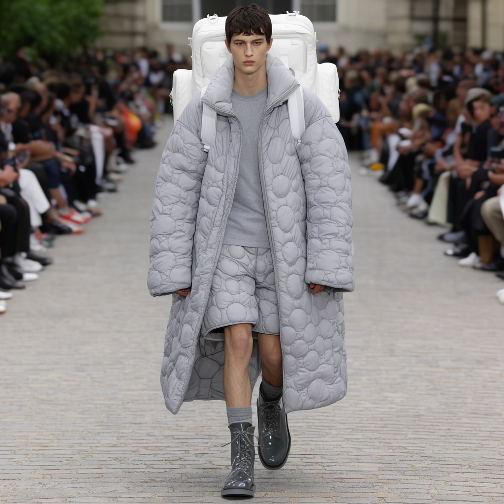 A male model walks a cobblestone runway in an oversized light grey quilted puffer coat with circular stitching over matching quilted shorts. He wears a plain grey t-shirt, a bulky white structured backpack, shiny dark grey lace-up boots, and grey socks. The blurred outdoor background features a seated audience in diffused daylight.