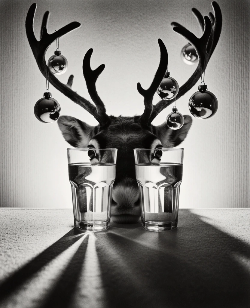 black and white surrealist photography, grainy film noir aesthetic, high contrast, a reindeer head positioned behind two crystalline glasses of water creating distorted refraction of its eyes, festive glass baubles hanging from its antlers, centered symmetrical composition, low angle perspective looking across a textured surface with long leading shadows extending toward the camera, minimalist background with vertical wall textures, moody avant-garde monochrome aesthetic.
