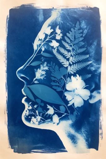 Ethereal Botanical Cyanotypes style reference image — high-contrast silhouette