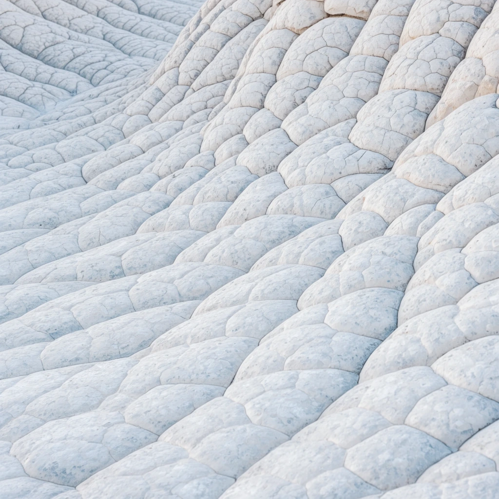 macro view of cracked white earth, undulating waves of pale stone, polygonal cracked patterns, organic geometric cellular structure, pale grey and white tones, delicate light blue shadows in deep crevices, brain-like geological formations, smooth raised rock scales, diagonal flow sweeping across the frame, full frame texture, soft diffused bright daylight, detailed abstract nature photography