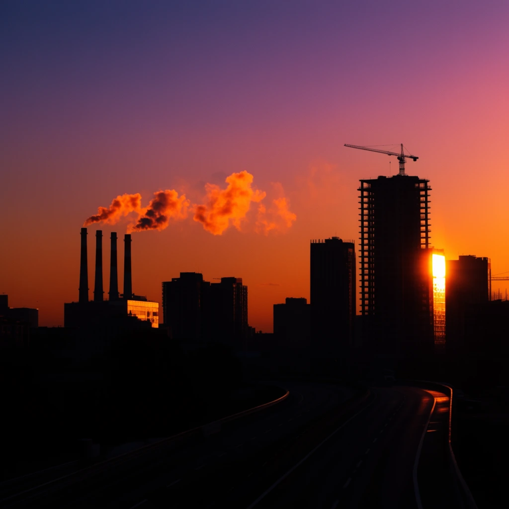 A skyline silhouette at sunset with four smokestacks emitting a glowing orange smoke plume against a violet and fiery orange gradient sky. The black cityscape features a crane atop an unfinished high-rise and a blinding golden sun reflection off a window, resting above a dark curving highway in the deeply shadowed foreground.