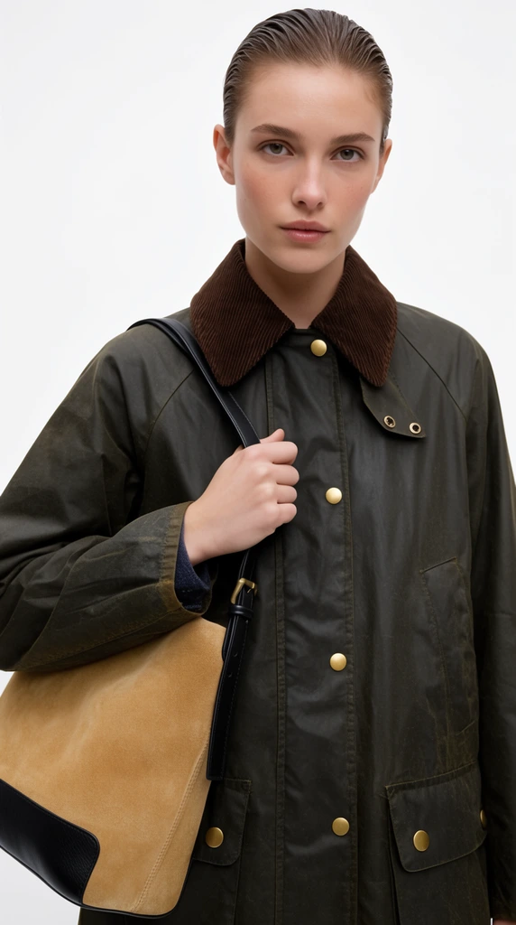 A woman with slicked-back hair wears a dark olive waxed jacket with a brown corduroy collar and brass snaps. She holds the strap of a tan suede and black leather shoulder bag. Soft studio lighting and a seamless white backdrop highlight the contrasting textures in a crisp, minimalist fashion editorial portrait.