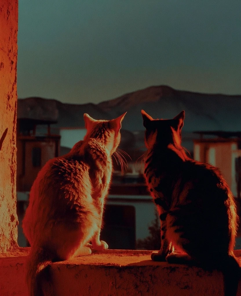 wide cinematic composition, two cats perched on a windowsill in silhouette, overlooking distant urban structures and mountain ranges, high-contrast theatrical side-lighting casting intense fiery orange and glowing rust-red hues, deep chromatic contrast against a monochromatic teal and charcoal sky, heavy 35mm film grain, gritty texture, dramatic chiaroscuro, surreal atmosphere, minimal framing, saturated warm foreground versus desaturated cool background, evocative and moody