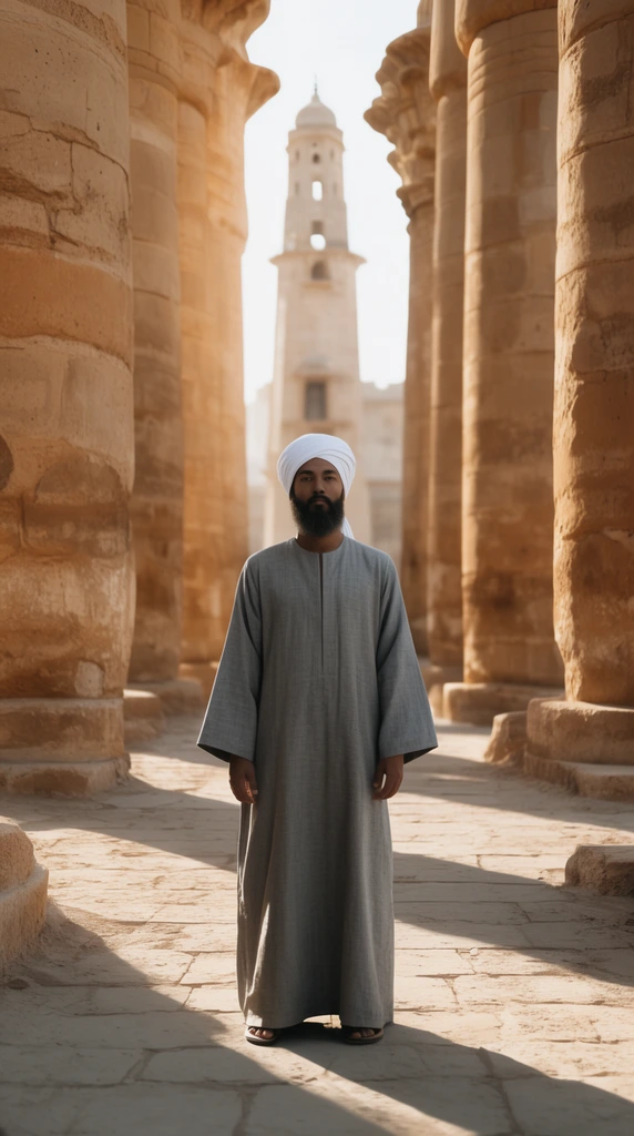 A bearded man in a long grey robe and white turban stands centered among massive weathered sandstone columns. Warm sunlight casts dramatic shadows across the stone walkway, leading to a distant tower under a bright sky.