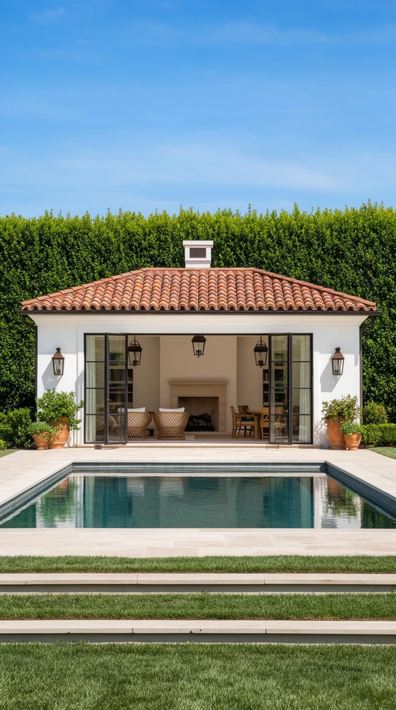 A symmetrical open-air pool house with a terracotta barrel tile roof sits behind a rectangular swimming pool under a bright blue sky. The building features crisp white stucco walls and wide-open black-framed glass doors, revealing an interior with a central fireplace, woven lounge chairs, and a dining set beneath dark metal hanging lanterns. A dense, manicured wall of tall green hedges forms a solid backdrop. The calm pool reflects the structure, bordered by a light beige stone patio and stepped grass terraces in the foreground. Terracotta pots with vibrant greenery frame the building's entrance. The architectural photography uses a strict frontal perspective in crisp daylight, emphasizing the sharp contrast between warm roof tiles, white walls, and lush foliage.