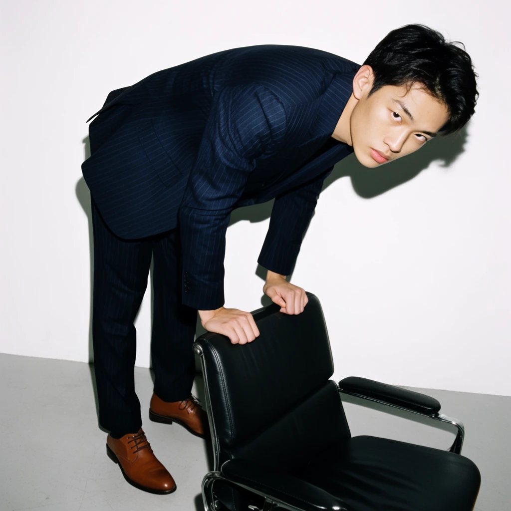 young East Asian man wearing a dark navy pinstripe suit, leaning forward drastically at the waist, hands gripping the top edge of a black leather office chair, direct intense gaze looking upward at the camera, brown leather dress shoes, minimalist white studio background, light gray floor, harsh direct flash lighting, prominent sharp shadow cast on the white wall behind, high contrast fashion photography, full body portrait