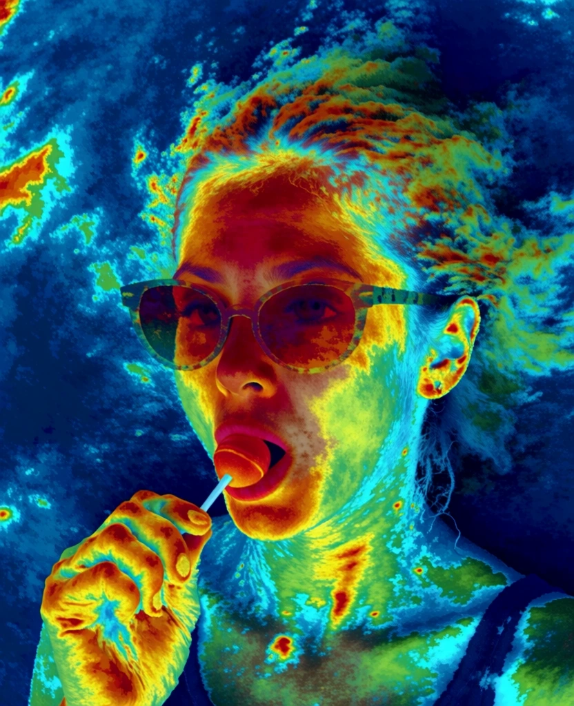 false-color infrared satellite thermal map style, woman wearing sunglasses eating a lollipop, intense palette of crimson reds and searing yellows for heat peaks, electric cyans and deep blues for cooler zones, grainy digital texture, swirling atmospheric clouds integrated into her hair and silhouette, high-contrast scientific data visualization, top-down weather radar aesthetic, fluid temperature gradients, neon greens and oranges, pixelated data artifacts, 90s weather broadcast vibe
