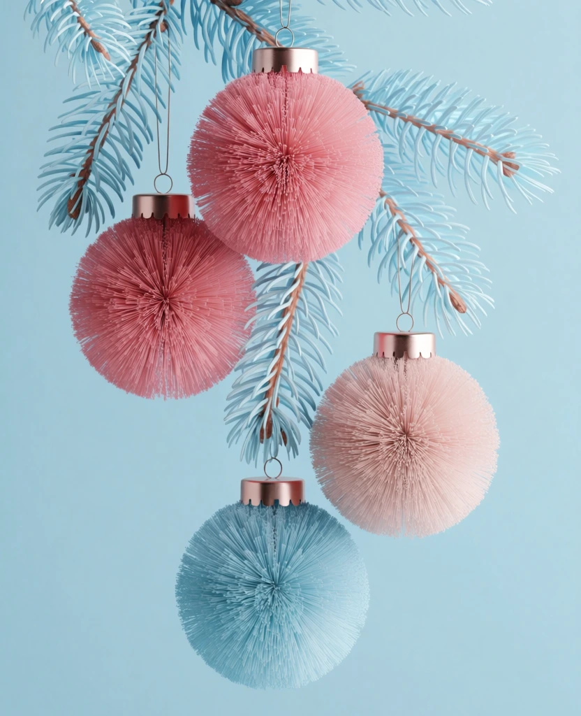 Four spherical, bristled Christmas ornaments in shades of pink and blue hang vertically from a pale blue pine branch against a solid light blue background. The topmost ornament is a medium pink hue, followed below and slightly to the left by a second ornament in a similar pink tone. To the right and slightly lower hangs a third ornament in a lighter, pale pink shade. At the bottom of the arrangement is a fourth ornament in a light blue color that matches the background. Each ornament features a dense, needle-like texture composed of thousands of fine bristles radiating from the center, giving them a soft, pompom-like appearance. Every sphere is topped with a cylindrical, metallic rose gold cap and a thin wire loop for hanging. The pine branch, which enters from the top left and curves downward through the center, displays soft, light blue needles attached to thin, reddish-brown stems. The lighting is soft and even across the scene, highlighting the individual bristles and the metallic sheen of the caps. The overall color palette is a monochromatic blend of pastel blues and contrasting warm pinks and rose golds. The composition is a close-up, vertical shot with the ornaments and needles in sharp focus against the flat, minimalist background.