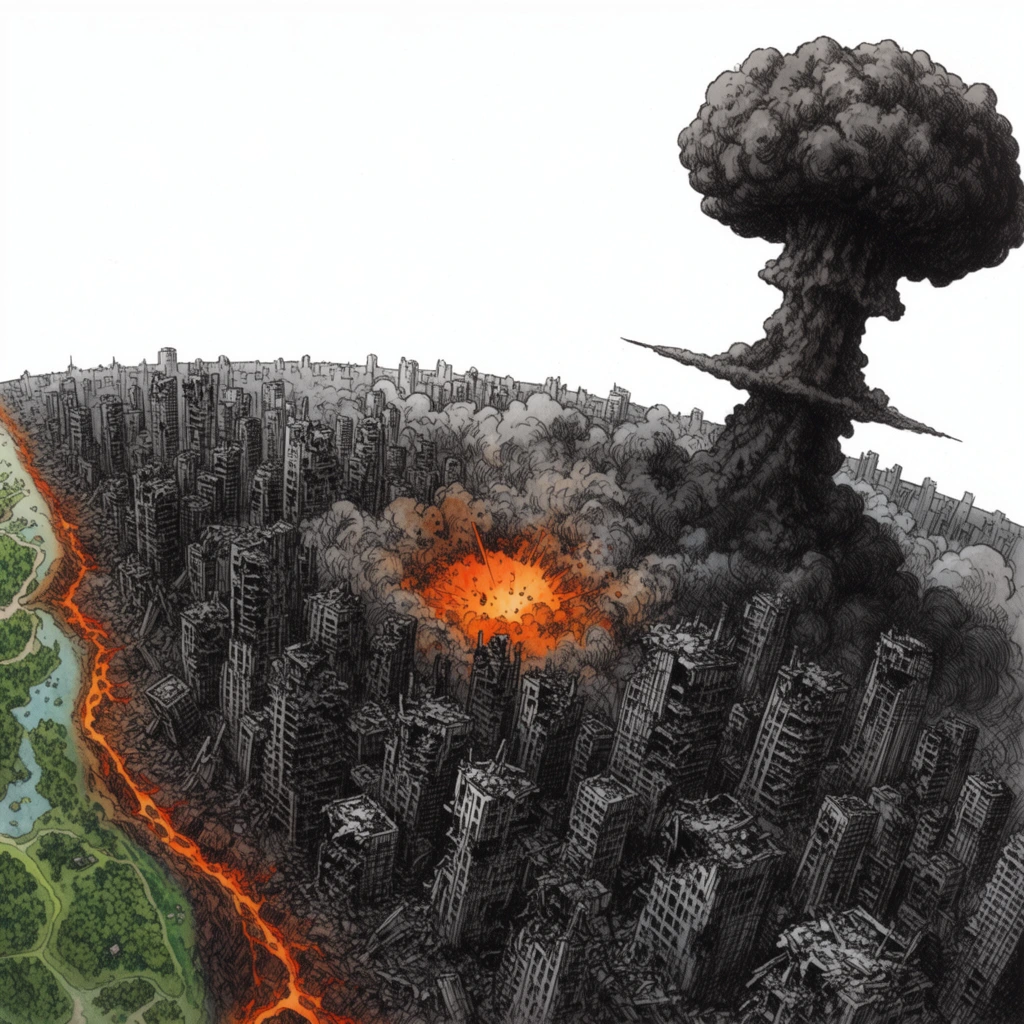 ruined cityscape curving along a planetary horizon, intricate pen and ink illustration, heavy black crosshatching, dense monochromatic grey skyscrapers in rubble, bright orange central explosion, towering dark mushroom cloud on the right, billowing smoke, glowing magma fault line separating a green oasis on the left edge, stark white background above the terrain, highly detailed apocalyptic art
