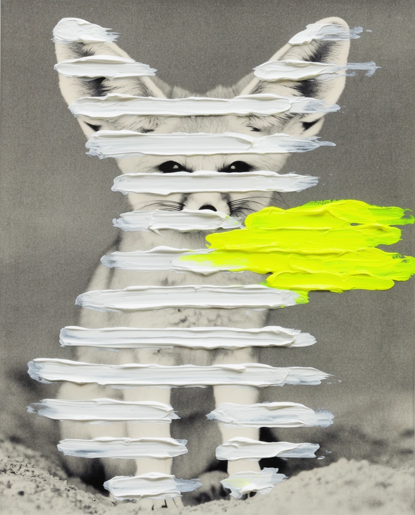 A Fennec fox sculpture with horizontal stripes formed entirely by heavily applied, opaque white impasto paint layered over a flat, grainy, monochromatic photographic background. The distinctive large-eared silhouette of the fox is built from coarse, tactile brushstrokes leaving prominent physical ridges that define the horizontal stripes across its volume. A vivid, jarring smear of fluorescent neon-yellow paint forcefully intersects the white painted figure, matching the glossy, raised, sculptural texture of the surrounding acrylic strokes. The mixed-media composition creates a stark juxtaposition between the three-dimensional, wet-looking accumulation of the obscuring foreground paint and the faded, matte, grayscale aesthetic of the underlying base image.