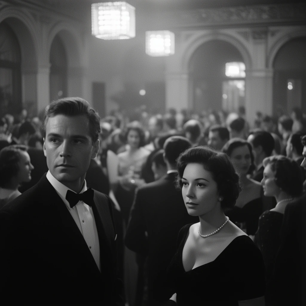 man in dark tuxedo and black bow tie looking left with serious expression, woman in dark dress and pearl necklace looking forward, sharply focused foreground subjects, dense crowd of mingling people in formal attire in soft focus background, grand hall interior, large arched doorways, glowing square chandeliers on ceiling, hazy atmosphere, black and white cinematic photography, shallow depth of field, mid-century film aesthetic, high contrast lighting