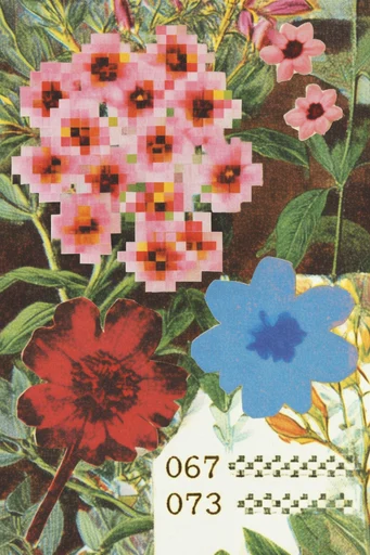 Glitch Botanical Synthesis style reference image — corrupted digital artifacts