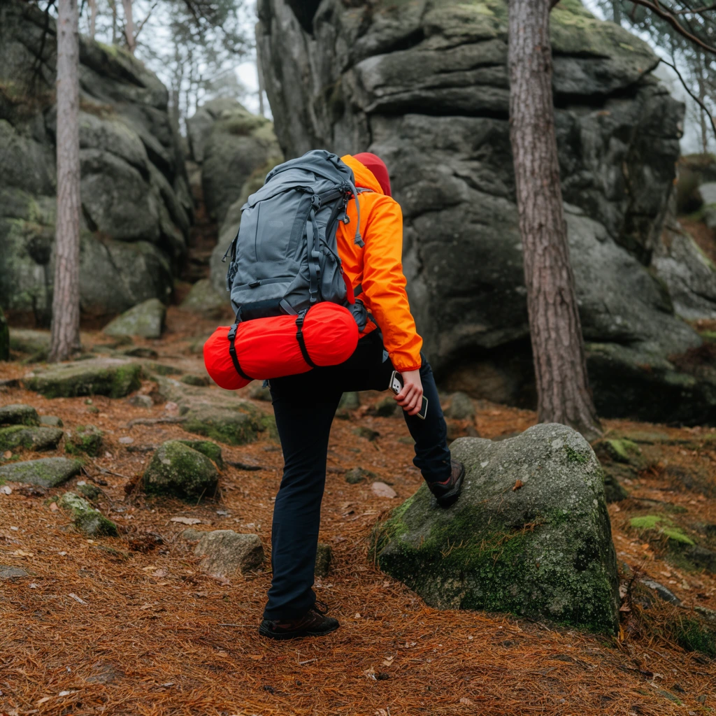 A hiker steps onto a mossy boulder along a forest trail covered in brown pine needles. Viewed from behind, they wear a vibrant orange jacket, dark pants, and a bulky grey backpack with a bright red cylindrical bag strapped to the bottom. They grip a smartphone in their right hand. Massive grey rock formations and slender tree trunks loom in the background under diffuse overcast lighting. The outdoor photography uses a shallow depth of field to isolate the highly saturated gear against the earthy, muted tones of the rugged landscape.