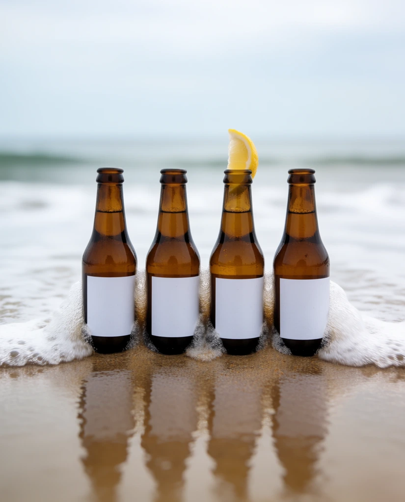 four brown glass bottles with white labels on wet sand, foaming ocean wash at bases, yellow lemon wedge in third bottle, sharp reflections, blurred overcast sky, eye-level product photography