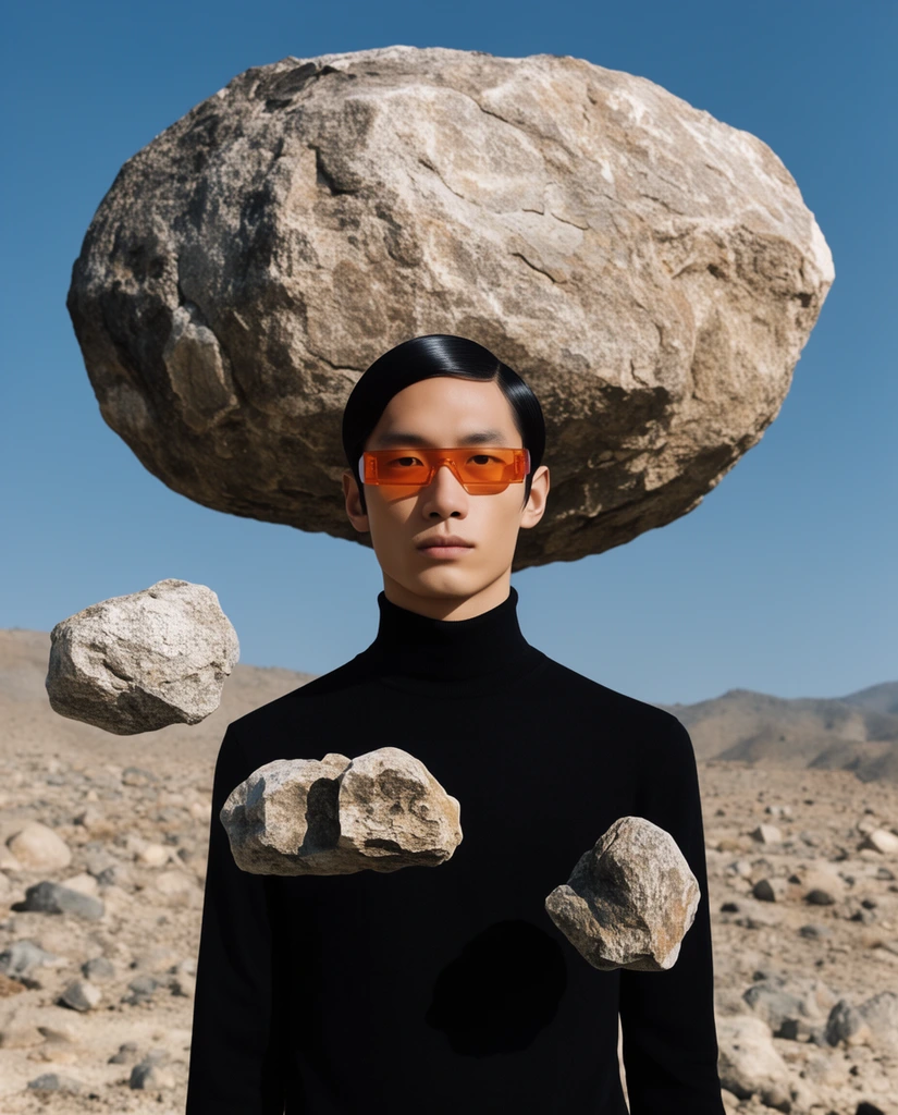 surreal fashion editorial, East Asian male model, sleek dark hair, orange rectangular sunglasses, black turtleneck, massive levitating boulder, small floating rocks overlapping torso, barren rocky desert, crisp sunlight