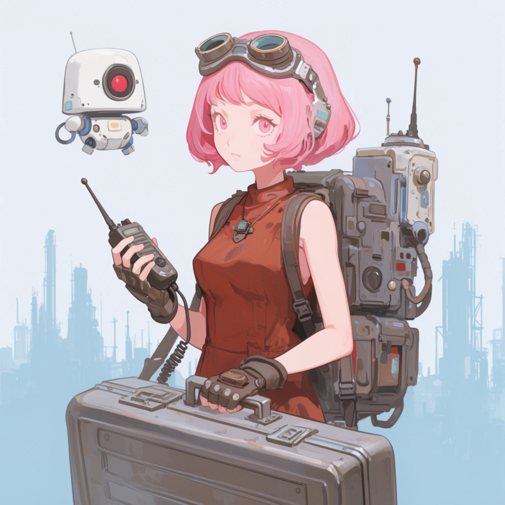 Anime illustration of a female mechanic with short pink hair and goggles holding a radio handset. She carries a large rectangular metal case, wearing a rust-colored top and a bulky technical backpack. A small floating white robot with a red lens hovers nearby. The background features a hazy pale blue silhouette of an industrial cityscape. The piece uses soft shading, muted pastel colors, and a retro-futuristic sci-fi aesthetic.