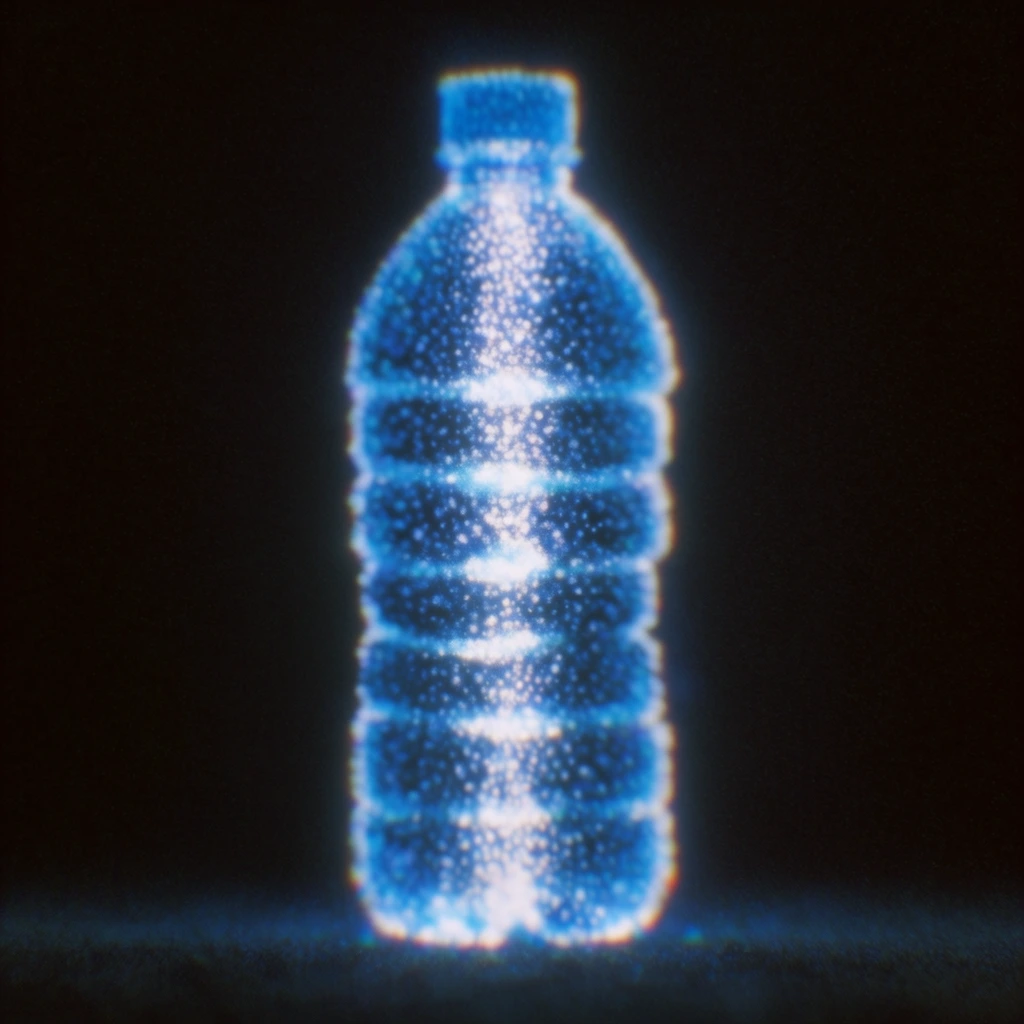 A single plastic water bottle resting on a flat surface, rendered entirely through bioluminescent, stippled dots of electric blue and brilliant white light against a stark, pitch-black background. The cylindrical form, ribbed contouring, and cap of the bottle are defined by dense clusters of glowing, granular specks, creating a high-contrast Kirlian photography effect. Intense white luminescence concentrates heavily along the central vertical axis and raised plastic ridges, transitioning outward into softer, dispersed cyan and deep blue points of light that map the curved edges. The composition features a low-fidelity, grainy film texture with a soft depth of field, causing an out-of-focus blur around the outer boundaries of the bottle. A subtle glowing aura with faint chromatic aberration produces microscopic red and orange tinges along the extreme periphery of the illuminated clusters, grounding the luminous, ethereal vessel atop the flat, dark plane within the absolute void.