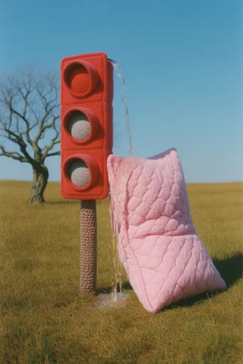 Tactile Surrealist Dreamscape style reference image — saturated primary color palette