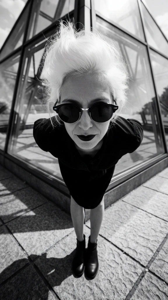 A dramatic black and white high-angle photograph captures a woman with bright white hair and dark, round sunglasses leaning forward toward the lens in front of a geometric glass structure. Her hair is styled in a voluminous, messy upward sweep, and she wears dark lipstick. She is dressed in a dark, short-sleeved top or dress that covers her upper body as she bends deeply at the waist. Due to the extreme wide-angle or fisheye lens perspective, her head and shoulders are enlarged in the foreground while her thin legs and dark ankle boots appear small at the bottom of the frame. The background features a modern architectural structure with large glass panels set into a dark metal grid. The ground is a paved area made of square, textured stone tiles. Sunlight from above illuminates her hair and casts a dark, elongated shadow of her leaning form onto the tiles. The monochrome palette emphasizes the sharp lines of the architecture and the high-contrast lighting of the scene.
