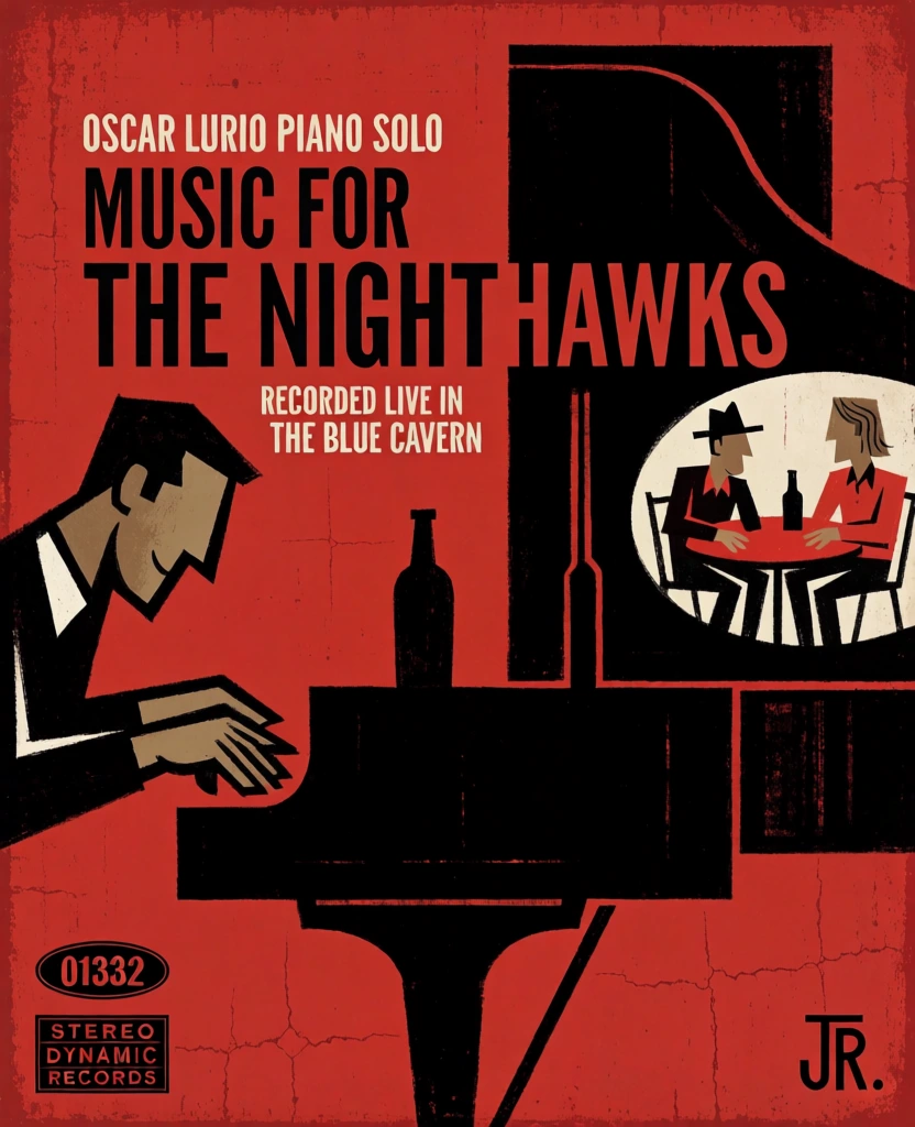 This graphic mid-century modern illustration serves as a jazz album cover featuring a stylized man playing a piano against a textured red background. On the left, a man is depicted in a modernist, angular style with a tan face and hands, wearing a black shirt and white collar while seated and playing a white and black keyboard. His face is constructed of thick black lines and geometric shapes. To the right, a large black silhouette of a piano dominates the midground. Atop the piano rests a black bottle silhouette set against a tan rectangular background. Further right, a circular vignette contains a scene of two stylized figures, one wearing a hat and the other with shoulder-length hair, seated at a circular table with a red surface. Across the top, white sans-serif text reads "OSCAR LURIO PIANO SOLO" followed by larger bold black text "MUSIC FOR THE NIGHTHAWKS", and below that in smaller white letters "RECORDED LIVE IN THE BLUE CAVERN". In the bottom left corner, a black oval contains the white numbers "01332" above a rectangle containing the words "STEREO", "DYNAMIC", and "RECORDS". At the bottom center, stylized black initials "JR." are written. In the bottom right corner, small black lowercase text reads "modern jazz series". The artwork uses a limited color palette of crimson red, black, and tan with an asymmetrical composition utilizing bold lines and flat color fields. The red background has a slightly distressed texture with subtle dark lines and cracks suggesting age.