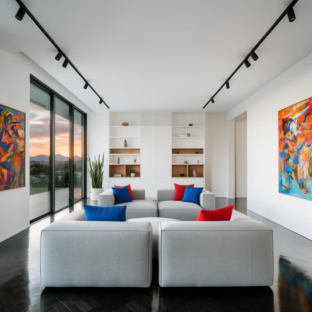 modern minimalist living room, two light gray modular sofas facing forward, bright blue and red accent pillows, highly reflective dark herringbone floor, pristine white walls, black ceiling track lighting, floor-to-ceiling glass sliding doors on left revealing a scenic sunset over distant mountains, vibrant abstract paintings on opposing walls, white built-in shelving with wood accents, tall potted snake plant, wide-angle architectural photography, crisp balanced lighting