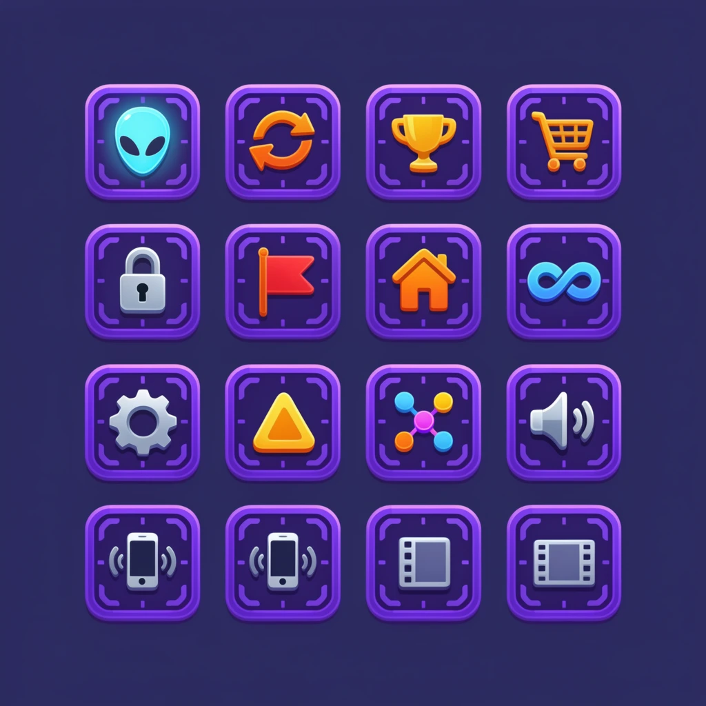 four by five grid of rounded square icons on a solid dark navy blue background, video game user interface assets, vibrant neon color palette of purple orange yellow and blue, each icon encased in a stylized purple targeting reticle border with subtle bevels and glowing highlights, colorful inner symbols including a glowing light blue alien face, orange circular arrow, gold trophy cup, shopping cart, red flag, silver unlocked padlock, light blue infinity symbol, orange house, silver gear, yellow triangle, connected spherical nodes, sound speakers, shaking smartphones, film strips, crisp flat vector illustration style, clean geometric layout