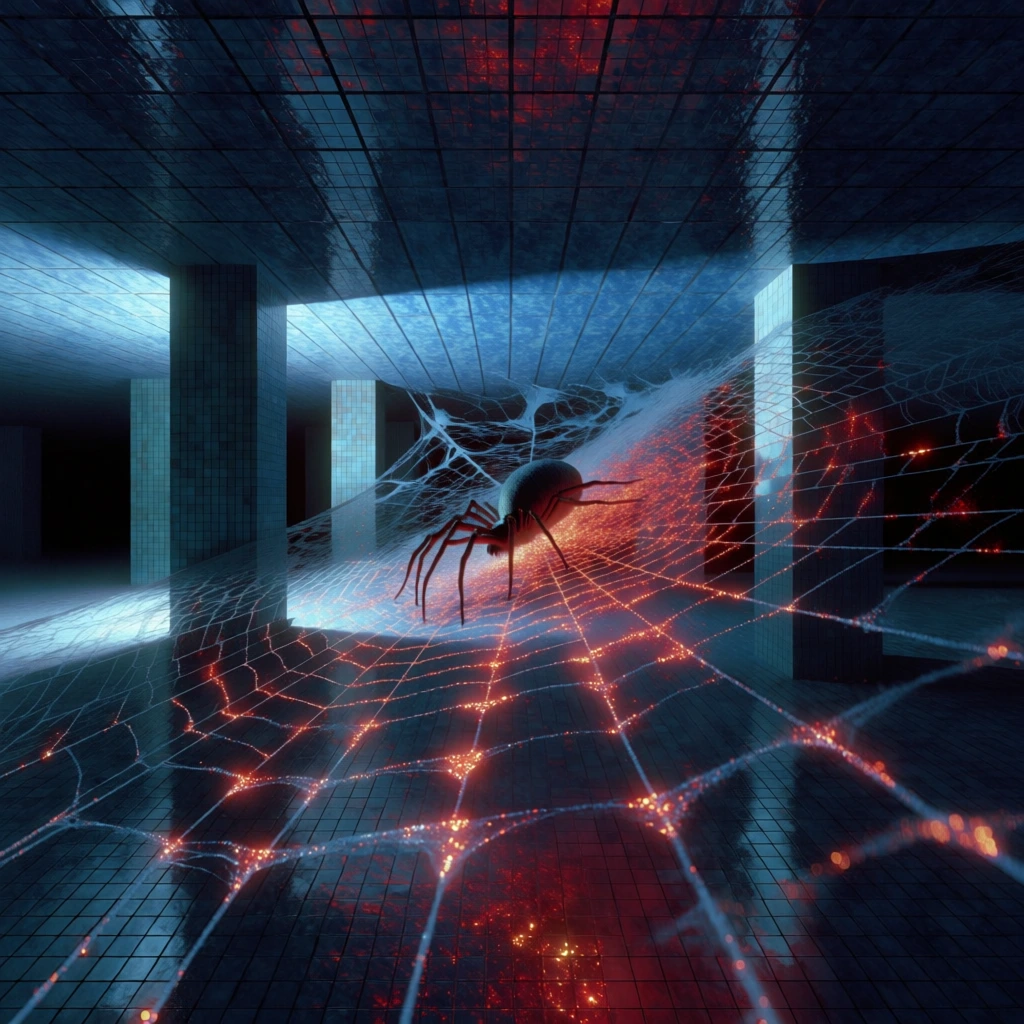 low-angle one-point perspective of a large spider on a complex web stretching through a dark tiled corridor, grid-patterned ceiling in deep blue, glowing orange and red bioluminescent specks shimmering on the silk threads like embers, high-contrast surrealist aesthetic, liminal space atmosphere, sharp geometric columns, cool azure tones contrasted with fiery highlights, cinematic lighting, dramatic shadows, hyper-detailed cgi, wide shot, immersive depth.