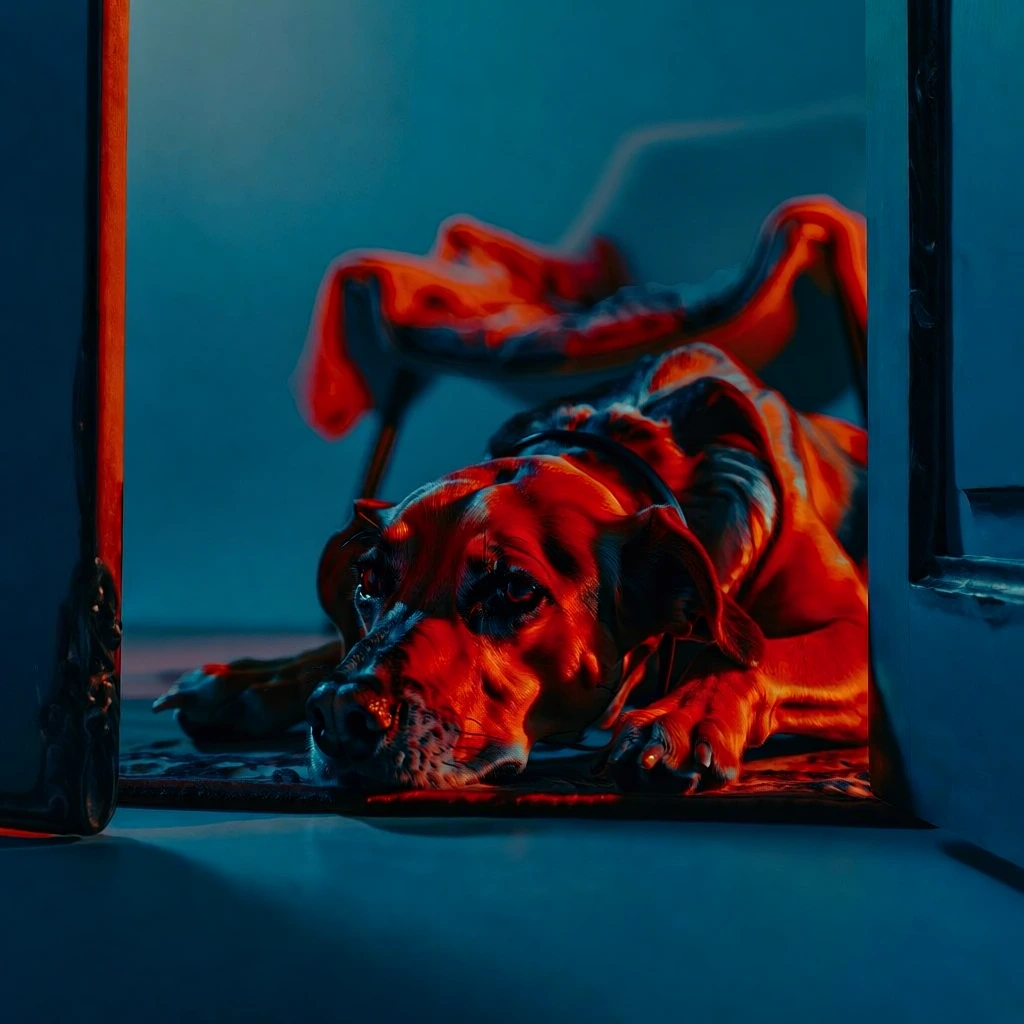 cinematic high-contrast photography, a single dog resting its head on a patterned rug in the center, framed by two vertical doorframes in the extreme foreground on the left and right, a blurred piece of furniture in the background, a monochromatic deep teal environment punctuated by electric vermillion red highlights, dramatic directional lighting creating sharp chiaroscuro, smooth gradients, saturated color grading, surreal editorial aesthetic, graphic composition, velvety textures.