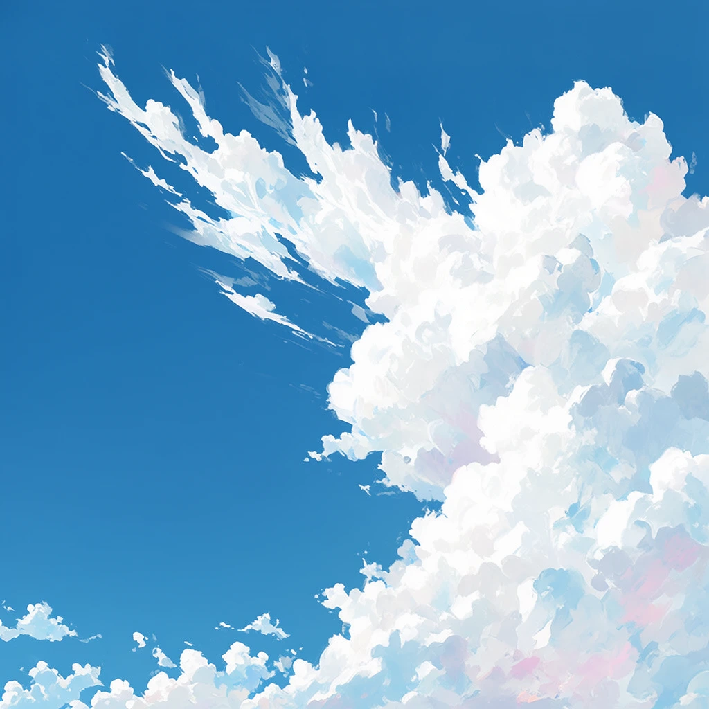 A vibrant azure sky serves as the backdrop for a massive, billowing formation of stylized white clouds erupting from the right side of the frame. The voluminous cloud bank extends dynamic, jagged wisps diagonally toward the upper left corner. Rendered in a crisp digital painting style, the clouds feature textured brushstrokes defining their fluffy structure. Soft pastel shadows in pale blue and delicate pink create depth within the pristine white clusters. A scattering of smaller cloud fragments lines the bottom edge, contrasting with the expansive blue negative space filling the left side.