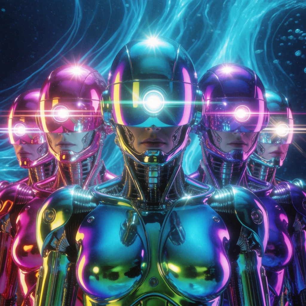 Four biomechanical cyborgs form a tight symmetrical V-formation against swirling bioluminescent deep-sea currents. The central figure wears glossy iridescent teal armor and a domed helmet with a glowing circular visor, revealing a metallic jawline beneath. Three flanking figures wear high-gloss magenta, chrome, and deep purple suits, their visors reflecting sharp horizontal light flares. Intense dramatic illumination creates bright specular highlights across the sleek armor, completing a stylized retro-futuristic aesthetic with heavy film grain and vivid color contrasts.