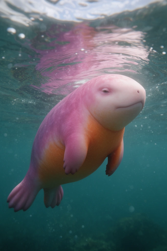underwater photography of a plump fantasy aquatic mammal, blunt snout, smooth skin fading from a pale pink head to a vibrant pinkish-purple back, bright orange-tan underbelly, short stubby front limbs, lobed hind flippers, swimming just below the surface, clear deep teal water, surface reflection, sunlight filtering down, suspended micro-bubbles, hyper-realistic render, shallow depth of field