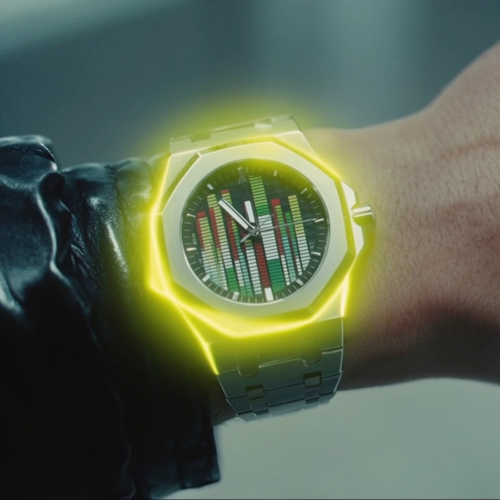 A close-up shot focuses on a wrist wearing a bulky silver luxury watch with a faceted bezel. The watch dial displays an intricate graphic pattern resembling digital equalizer bars in green, red, and white. A striking neon-yellow aura radiates intensely around the watch bezel, creating a stark supernatural glow. The arm is clad in a shiny black leather jacket sleeve, contrasting with the smooth metallic finish of the timepiece. The background is completely out of focus, featuring a smooth cinematic gradient of cool muted teal and grey tones that emphasize the vibrant yellow luminescence and sharp reflective details of the watch.