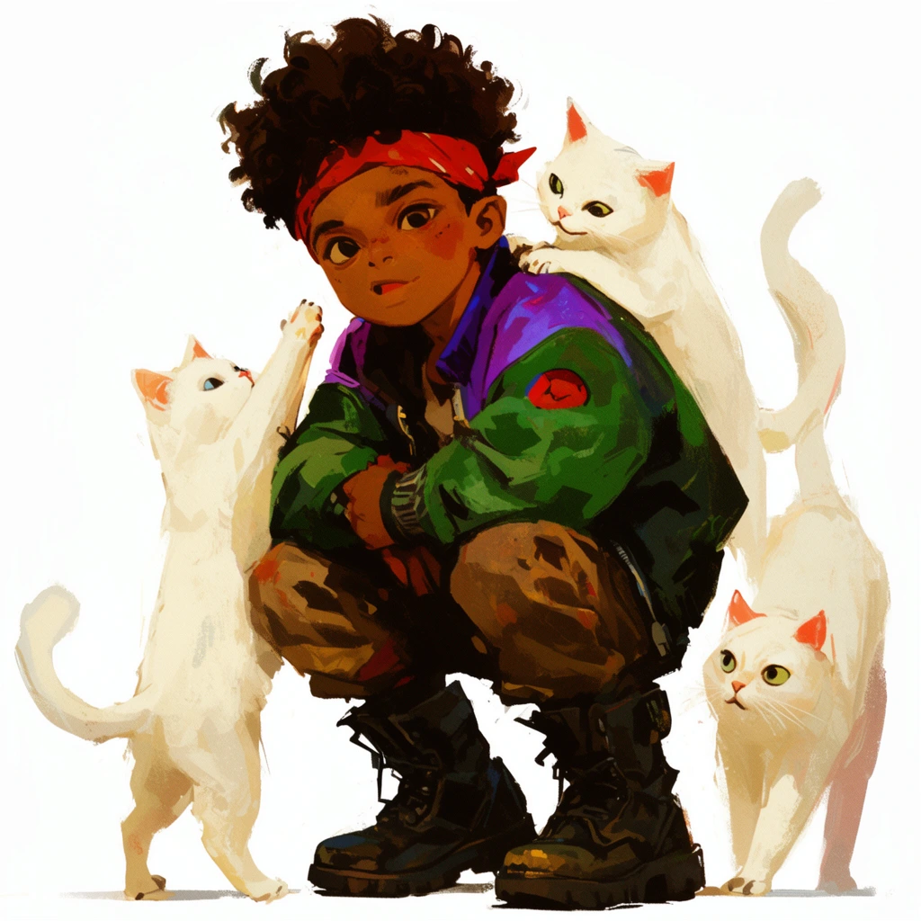 A young boy with dark curly hair and a red bandana squats in a green and purple bomber jacket and heavy combat boots. Three energetic white cats playfully climb and stretch around him. The expressive digital painting features rough brushwork, warm lighting, and a stark white background.