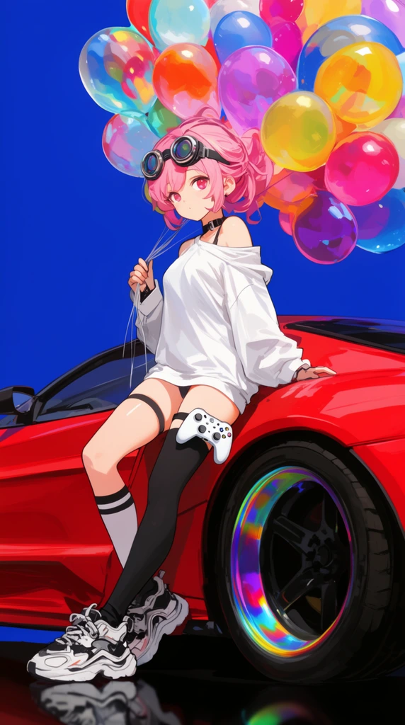 An anime girl with pink hair and round goggles leans against a bright red sports car against a solid cobalt blue backdrop. She wears a loose white off-the-shoulder shirt, asymmetrical thigh-high socks, chunky sneakers, and a white game controller strapped to her thigh. Holding a massive cluster of vibrant translucent balloons, she stands on a glossy black surface. The vibrant cel-shaded illustration highlights dynamic lighting and an iridescent rainbow-tinted wheel rim on the vehicle.