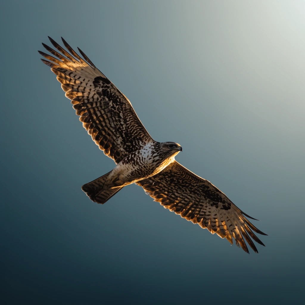 A large bird of prey soaring mid-flight with fully extended wings against a smooth gradient sky. The raptor features highly detailed mottled plumage, with dark brown barring contrasting sharply against creamy white underfeathers. Dramatic directional sunlight illuminates the bird from the top right, creating a warm golden rim light along its leading edges while casting the underside into deep, textured shadow. The background is a pristine, cloudless expanse transitioning from a dark slate teal at the bottom to a luminous, hazy pale blue at the top right. Captured with a telephoto lens, the composition perfectly freezes the dynamic motion in crisp focus against a minimalist atmospheric backdrop.