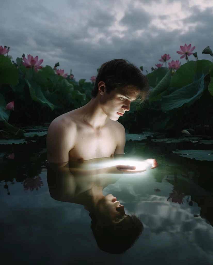 shirtless young man standing waist-deep in a dark pond, holding a bright glowing white light underwater, intense light illuminating his downcast face, clear reflection of his profile on the calm water surface, surrounded by tall green lotus leaves and pink lotus blossoms, cloudy sky background, cinematic lighting, surreal fine art photography, moody atmosphere, eye-level framing