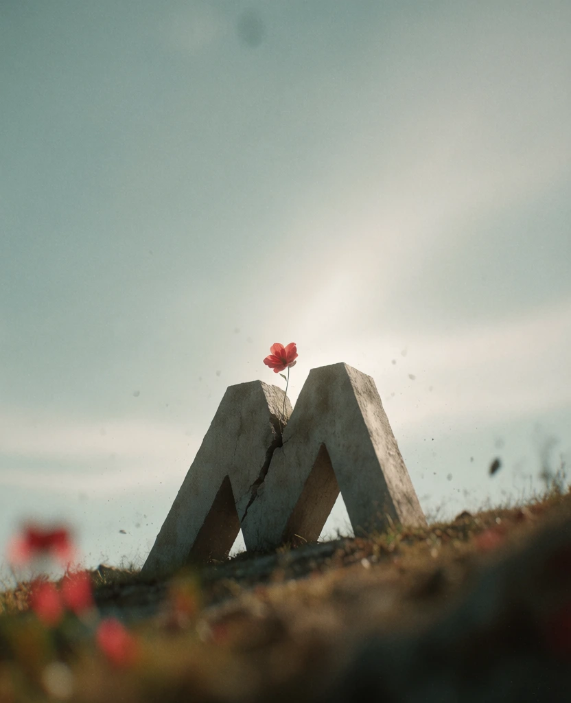 cinematic low-angle perspective, a single vibrant red wildflower emerging from a fissure in a weathered monolithic concrete sculpture, positioned on a desaturated grassy incline, vast ethereal hazy sky dominating the frame, muted palette of moody teal and organic earth tones, soft diffused light with subtle backlighting, shallow depth of field with blurred foreground flora, swirling dust particles and floating crimson petals, grainy filmic texture, minimalist, atmospheric, conceptual.