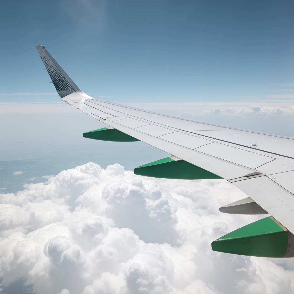 white airplane wing extending diagonally, detailed panel lines, green flap track fairings, vertical winglet with dark dotted pattern, thick layer of fluffy white cumulus clouds below, hazy light blue sky, distant horizon, aerial perspective, bright daylight