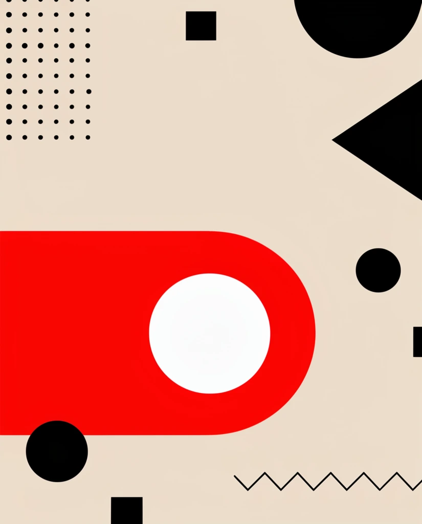 A minimalist abstract geometric vector composition on a pale beige background. A prominent bright red elongated rounded rectangle with a white circular inset anchors the lower left. Flat black shapes decorate the edges, including a sharp triangle and semi-circle in the upper right, scattered solid circles, small squares, a precise grid of dots, and a thin zigzag line. The layout relies on strict high-contrast interplay between the beige foundation, solid black graphic elements, and the vibrant red focal point.