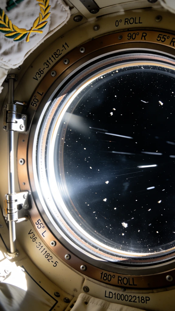 A circular spacecraft porthole offers a view into the deep black void of space where several horizontal streaks and specks of white light appear to float. The window is encased in a thick, bronze-colored metallic ring secured by a series of small, evenly spaced silver rivets and surrounded by a tan-colored interior wall of the vessel. A bright light source from the left side creates a brilliant white crescent along the inner left edge of the window frame, casting a glow across the glass pane which is marked with numerous small white particles and elongated streaks. To the left of the porthole, a vertical silver metal rod is mounted with two complex hinge and latch assemblies. In the upper left corner, a portion of a white cloth patch is visible, featuring an embroidered yellow laurel wreath with green accents. The metallic ring around the window is inscribed with several black, sans-serif markings including "0° ROLL" at the top, "90° R" and "55° R" on the right side, "180° ROLL" at the bottom, and "55° L" and "90° L" on the left side. Additional technical serial numbers like "V36-311182-11", "V36-311182-5", and "LD100002218P" are printed in small black characters on the surrounding beige panels. The composition is a direct, close-up shot with a documentary feel, utilizing harsh directional lighting that emphasizes the industrial textures of the spacecraft's interior and the debris visible through the glass against the darkness of the exterior.